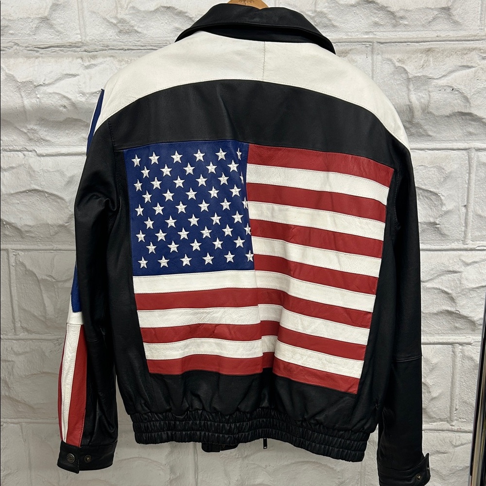 Vintage Oscar Piel leather American flag bomber jacket
